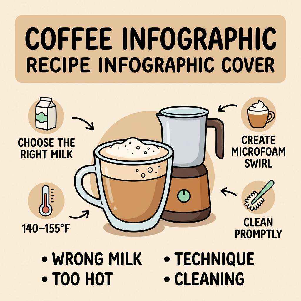 Coffee recipe infographic cover showing milk steaming tips, microfoam swirl, 140-155°F temperature, and cleaning steps