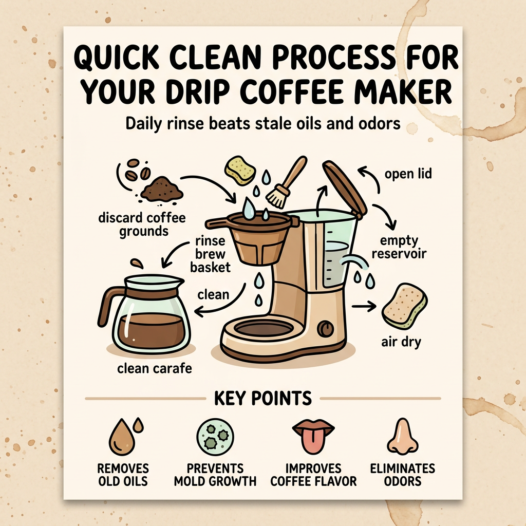 Quick clean process infographic for drip coffee maker with daily rinse steps and key benefits