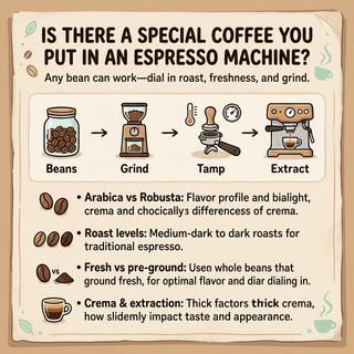 Hand-drawn infographic cover explaining what coffee beans to use in an espresso machine