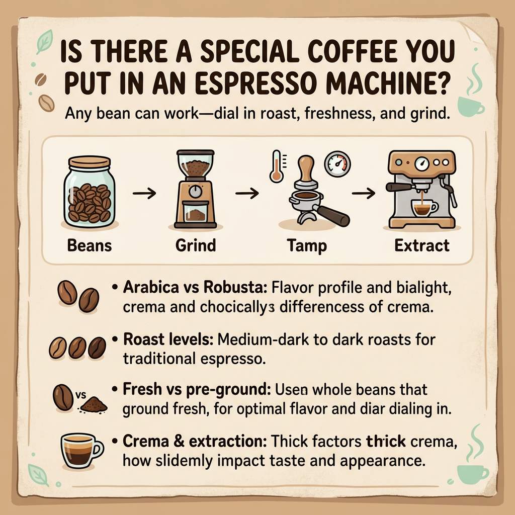 Hand-drawn infographic cover explaining what coffee beans to use in an espresso machine