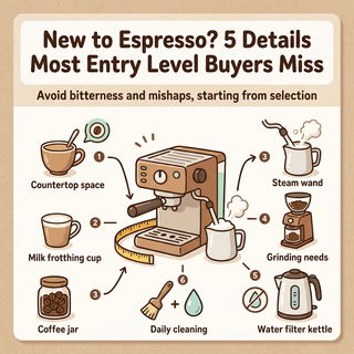 Espresso machine buying guide infographic for beginners with 5 details like countertop space, steam wand, grinder needs, cleaning, and water filter