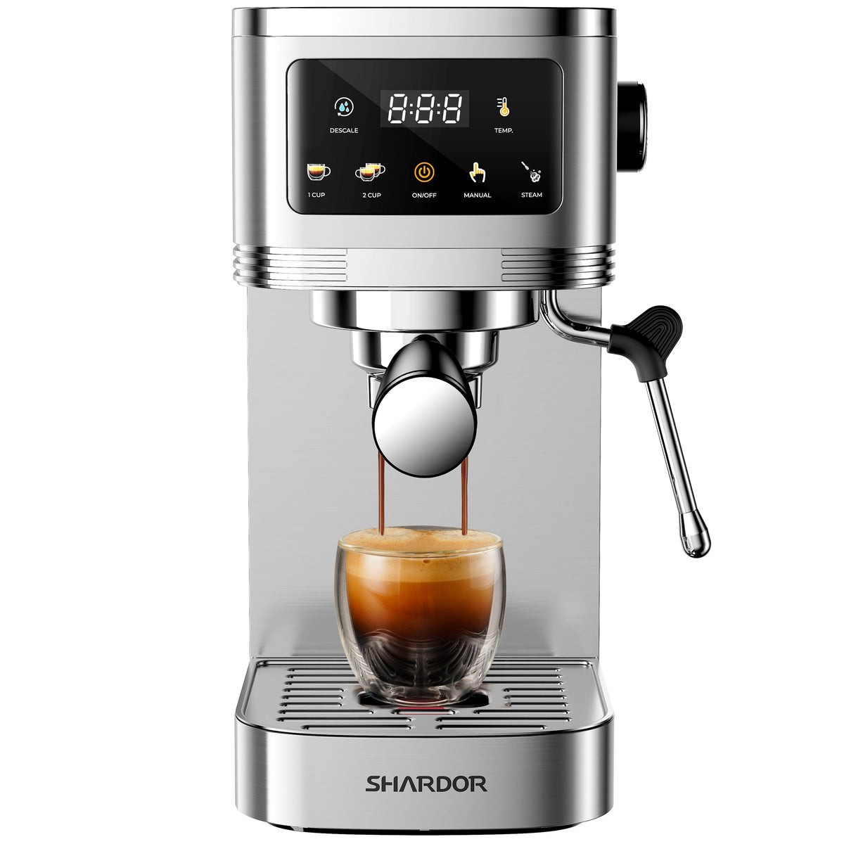 SHARDOR affordable espresso machine with touchscreen brewing a double shot into a glass cup