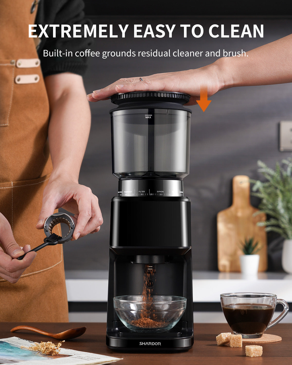 SHARDOR burr coffee grinder with built-in coffee grinder cleaning brush and chamber cleaner.