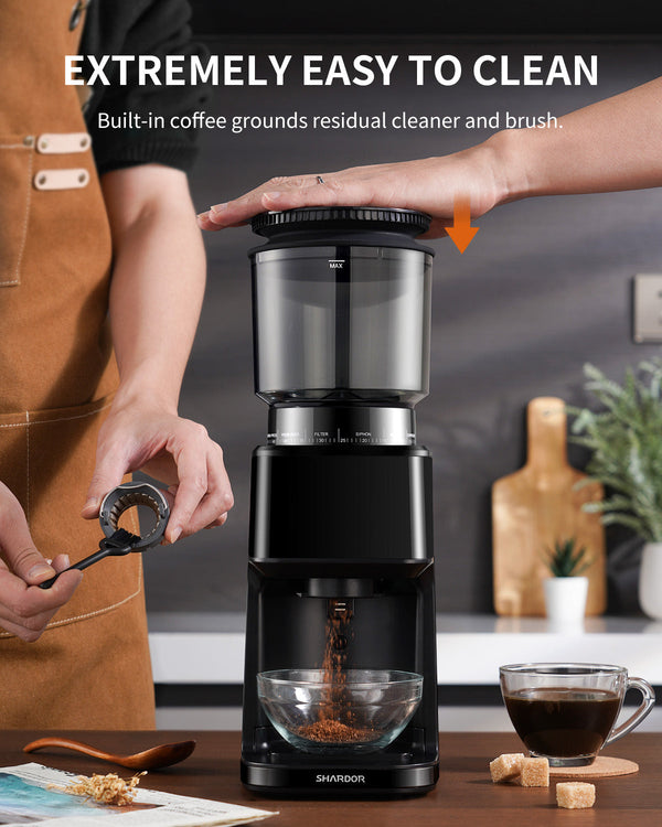 SHARDOR burr coffee grinder with built-in coffee grinder cleaning brush and chamber cleaner.