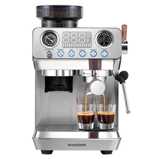SHARDOR all-in-one espresso machine with built-in grinder brewing two espressos into glass cups