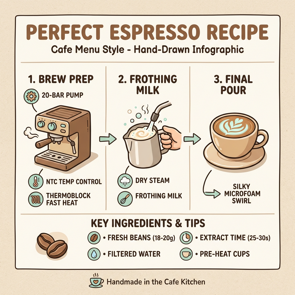 Perfect espresso recipe infographic showing brew prep, milk frothing, and final pour with key tips