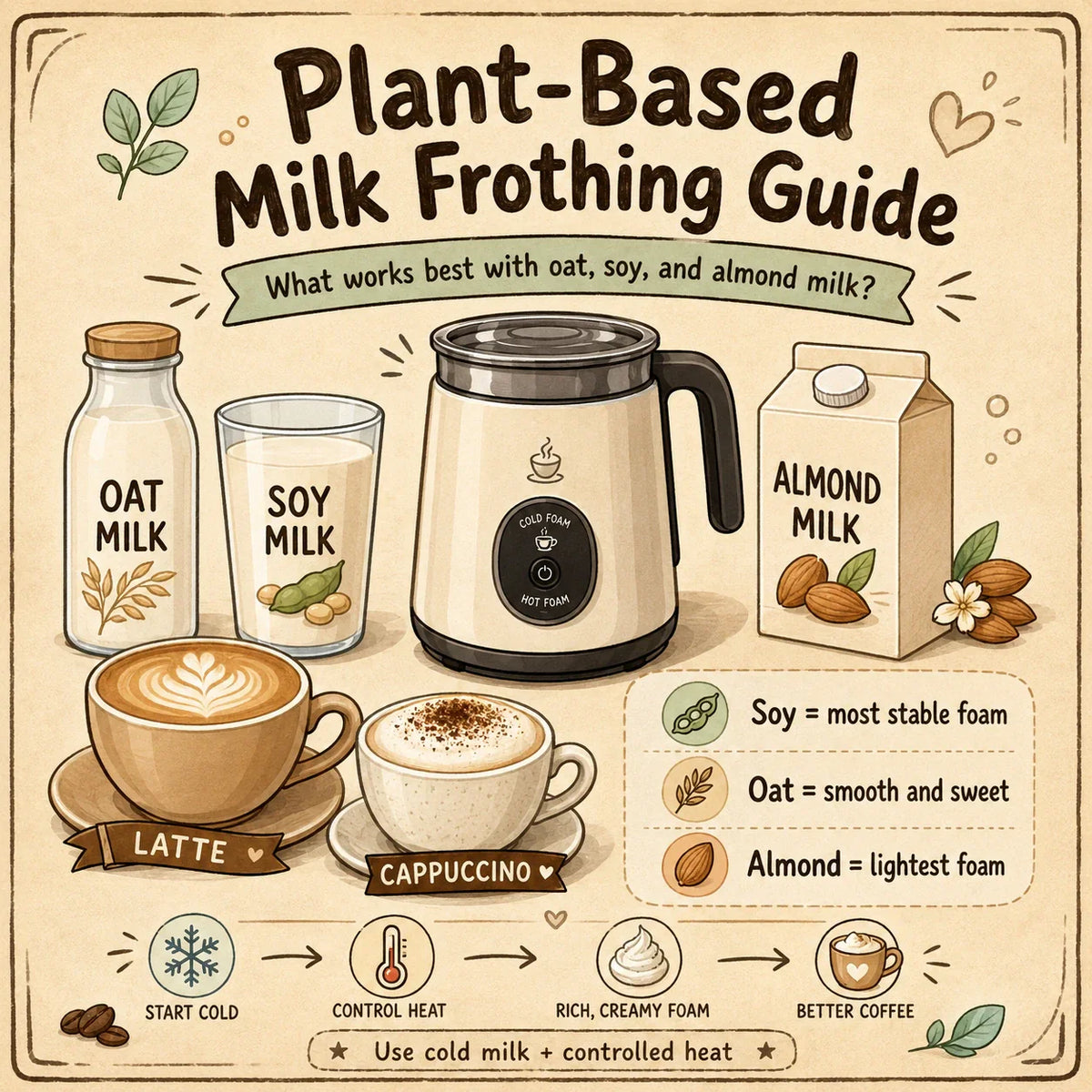 Plant-based milk frothing guide with oat, soy, and almond milk