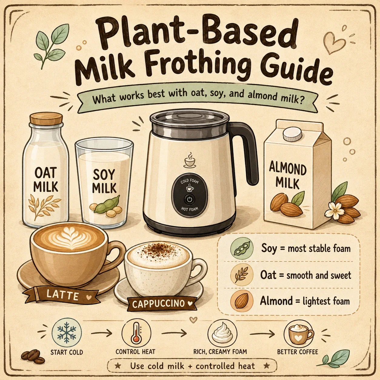 Plant-based milk frothing guide with oat, soy, and almond milk