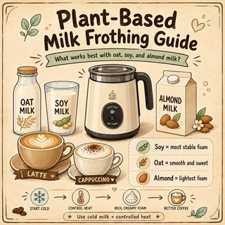 Plant-based milk frothing guide with oat, soy, and almond milk