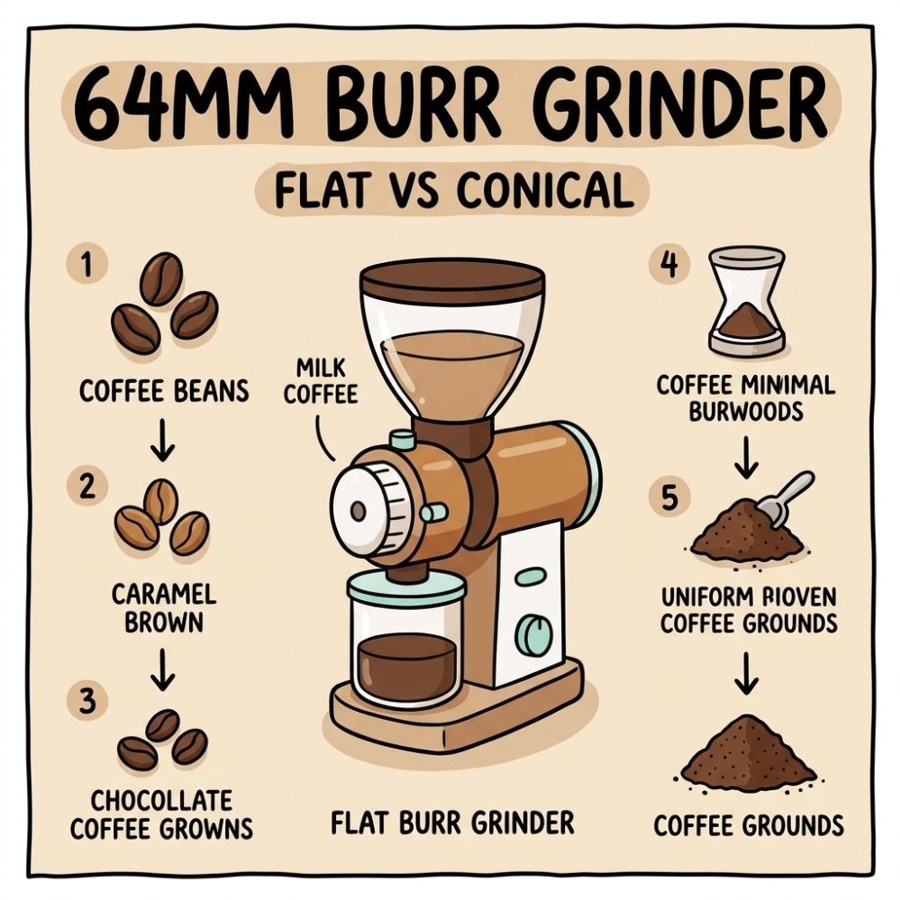 Hand-drawn infographic comparing 64mm flat and conical burr coffee grinders