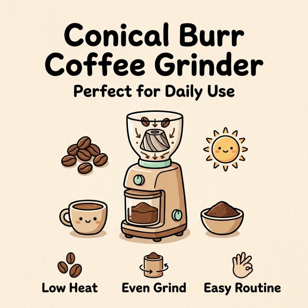 Conical burr coffee grinder for daily home brewing