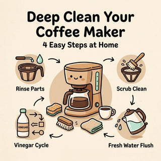 Deep clean coffee maker guide with vinegar, water, brush, and four simple cleaning steps