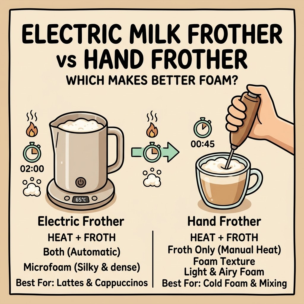 Electric milk frother vs hand frother comparison infographic cover