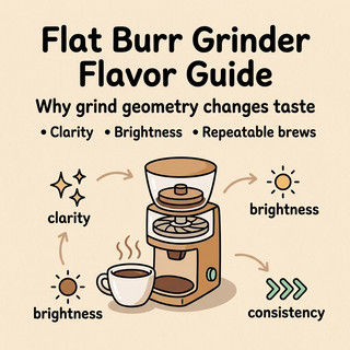 Flat burr grinder flavor guide cover with clarity, brightness, and consistency icons