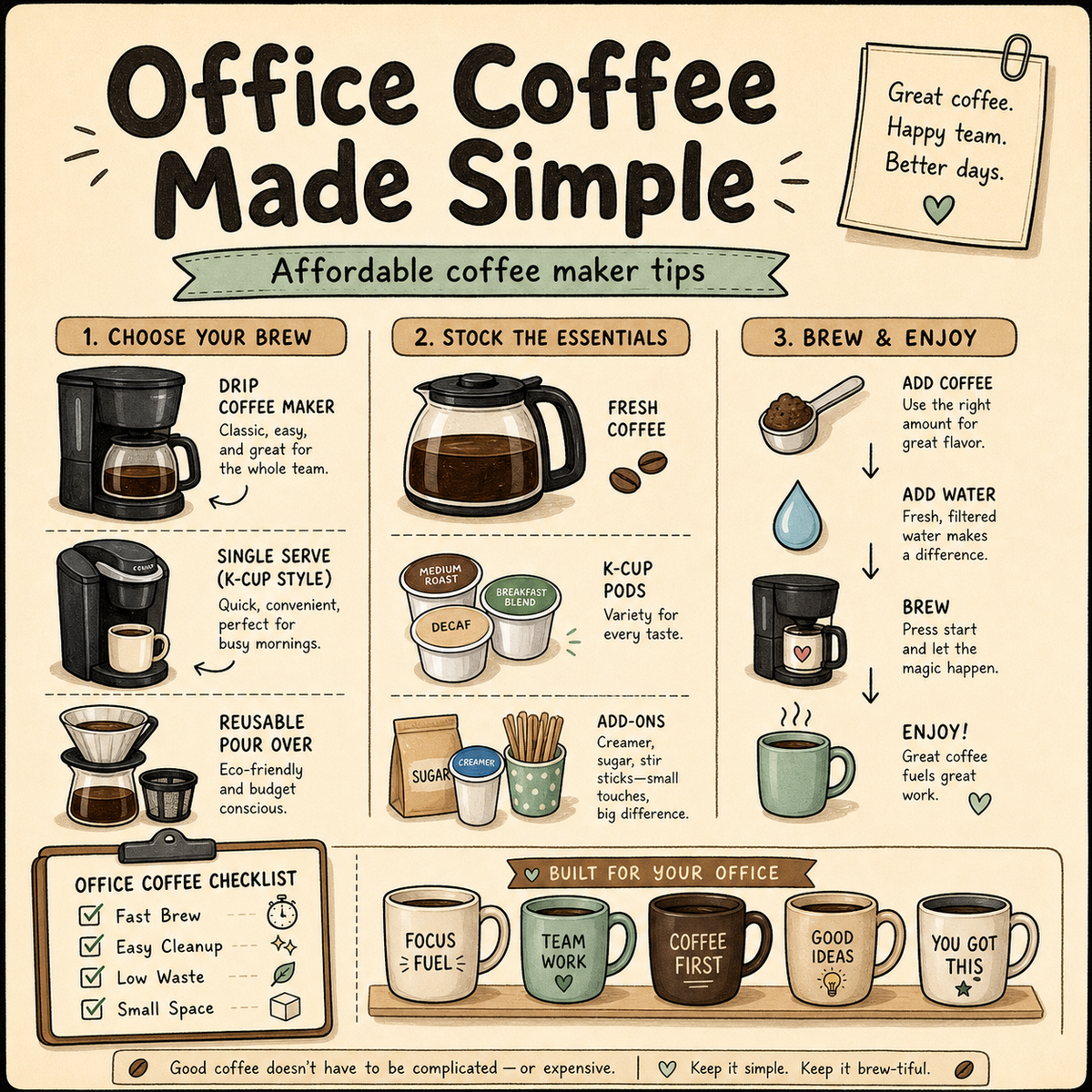 Hand-drawn office coffee maker guide with simple setup, cleanup, and budget tips