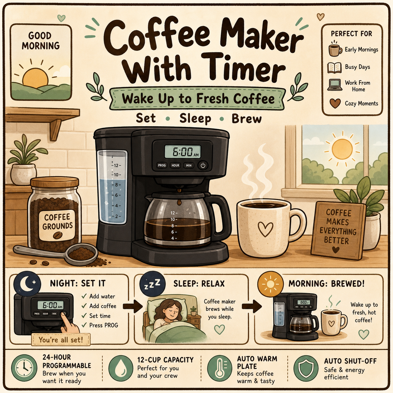 Coffee maker with timer brewing fresh morning coffee