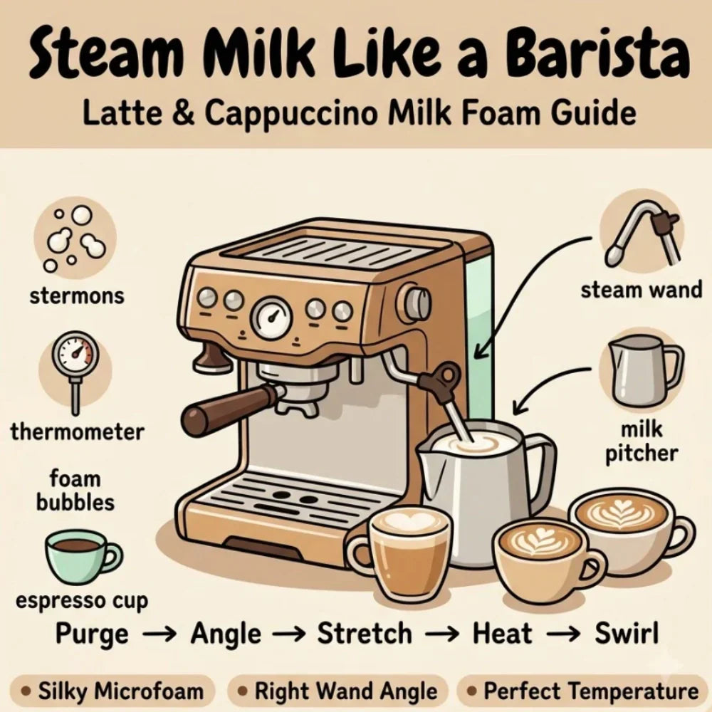 Steam milk with a steam wand for latte and cappuccino foam