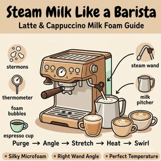 Steam milk with a steam wand for latte and cappuccino foam