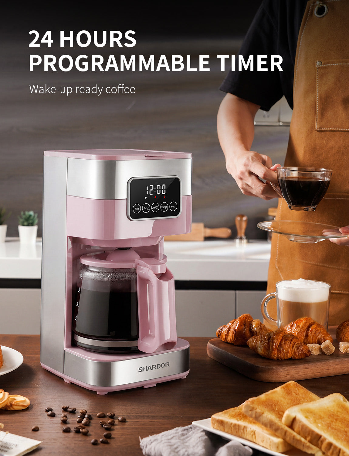 SHARDOR Drip Coffee Machine with Timer, Pink & Glass Pot