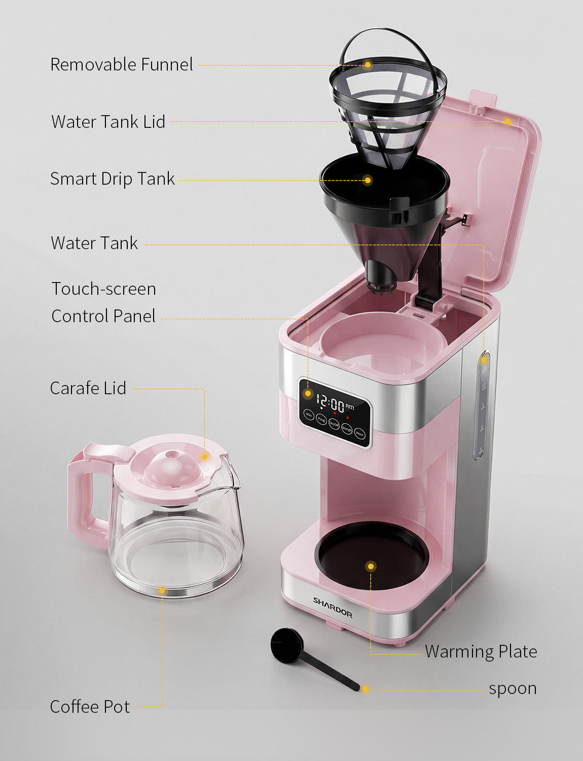 SHARDOR Drip Coffee Machine with Timer, Pink & Glass Pot