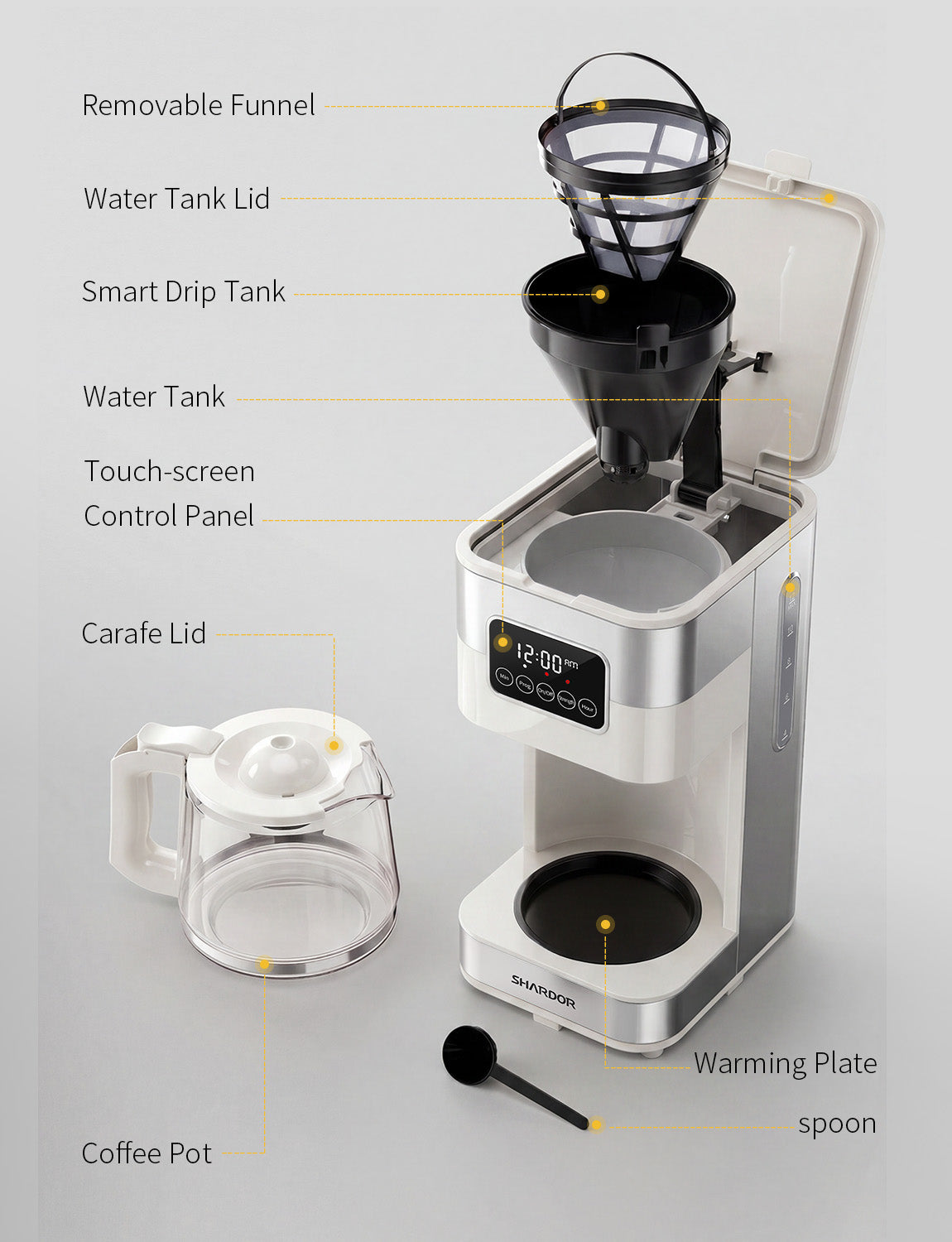 SHARDOR Drip Coffee Machine with Timer, White& Glass Pot