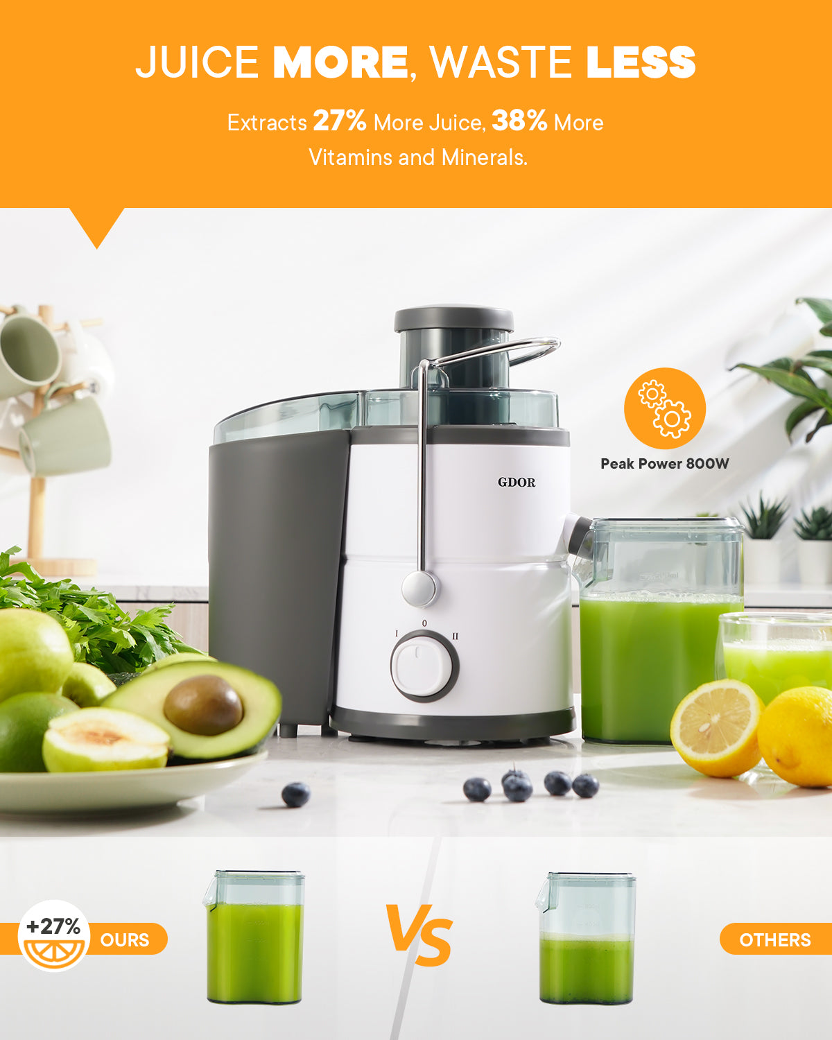 GDOR 800W Juicer Machine with 3 Wide Feed Chute