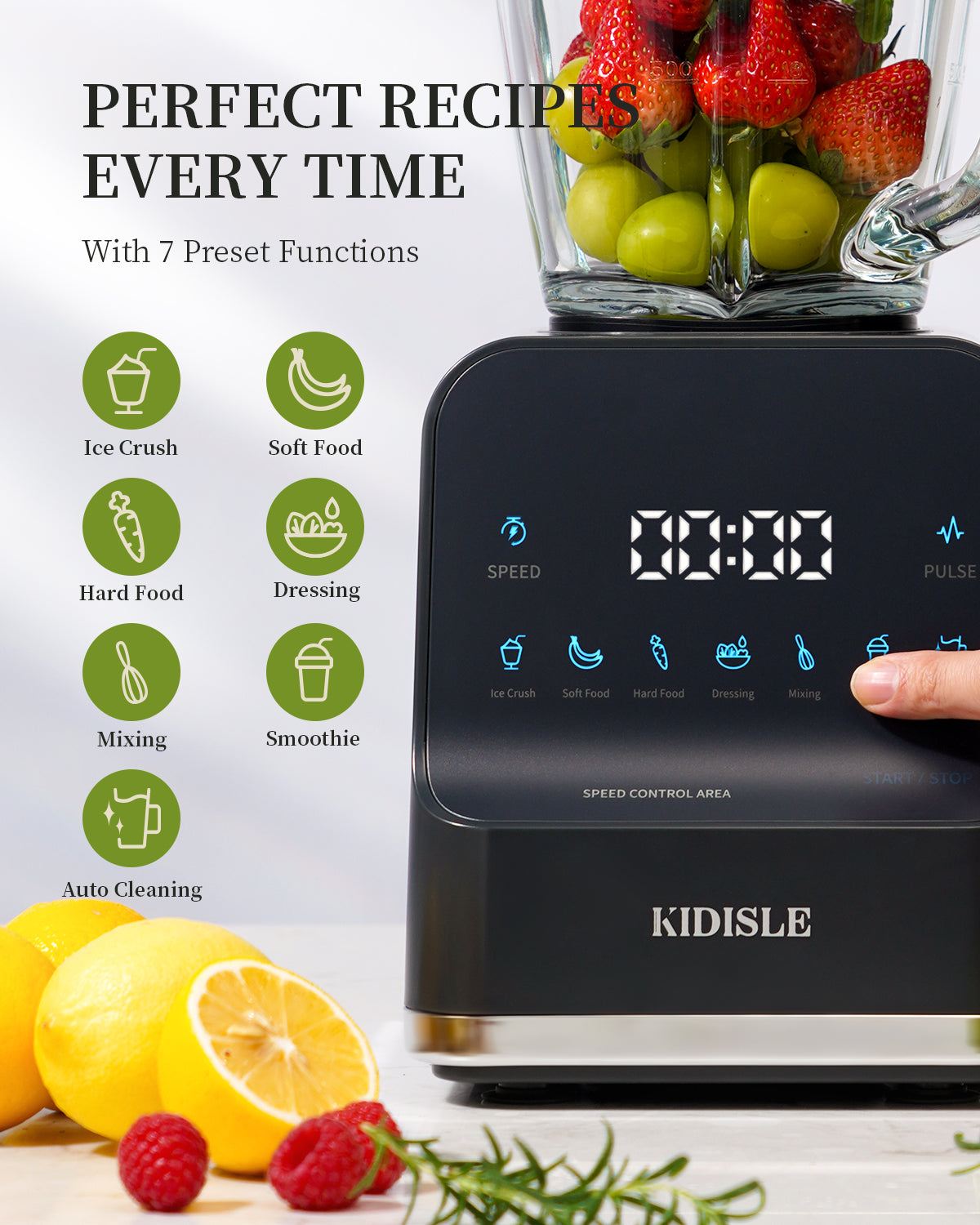 KIDISLE 1200W High-Speed Countertop Blender, 52oz Glass Pitcher for Smoothies