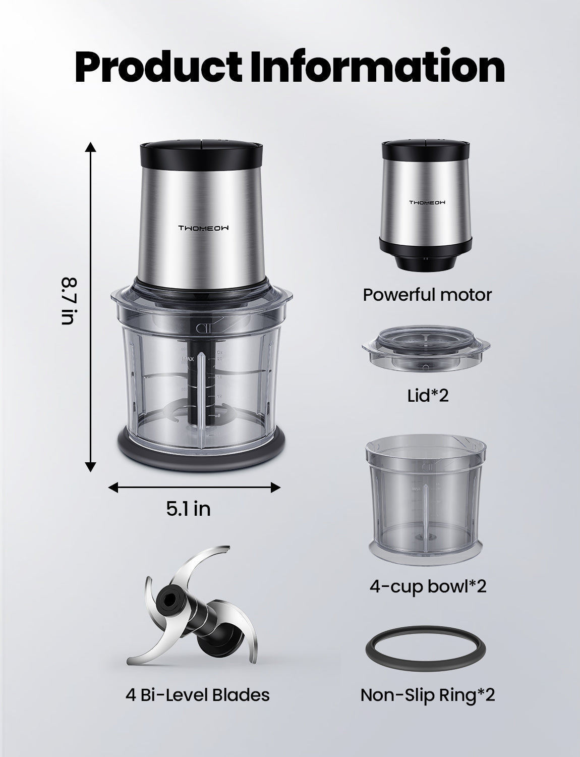 TWOMEOW Electric Food Chopper with Dual 4-Cup Bowls for Meat, Veggies & Baby Food