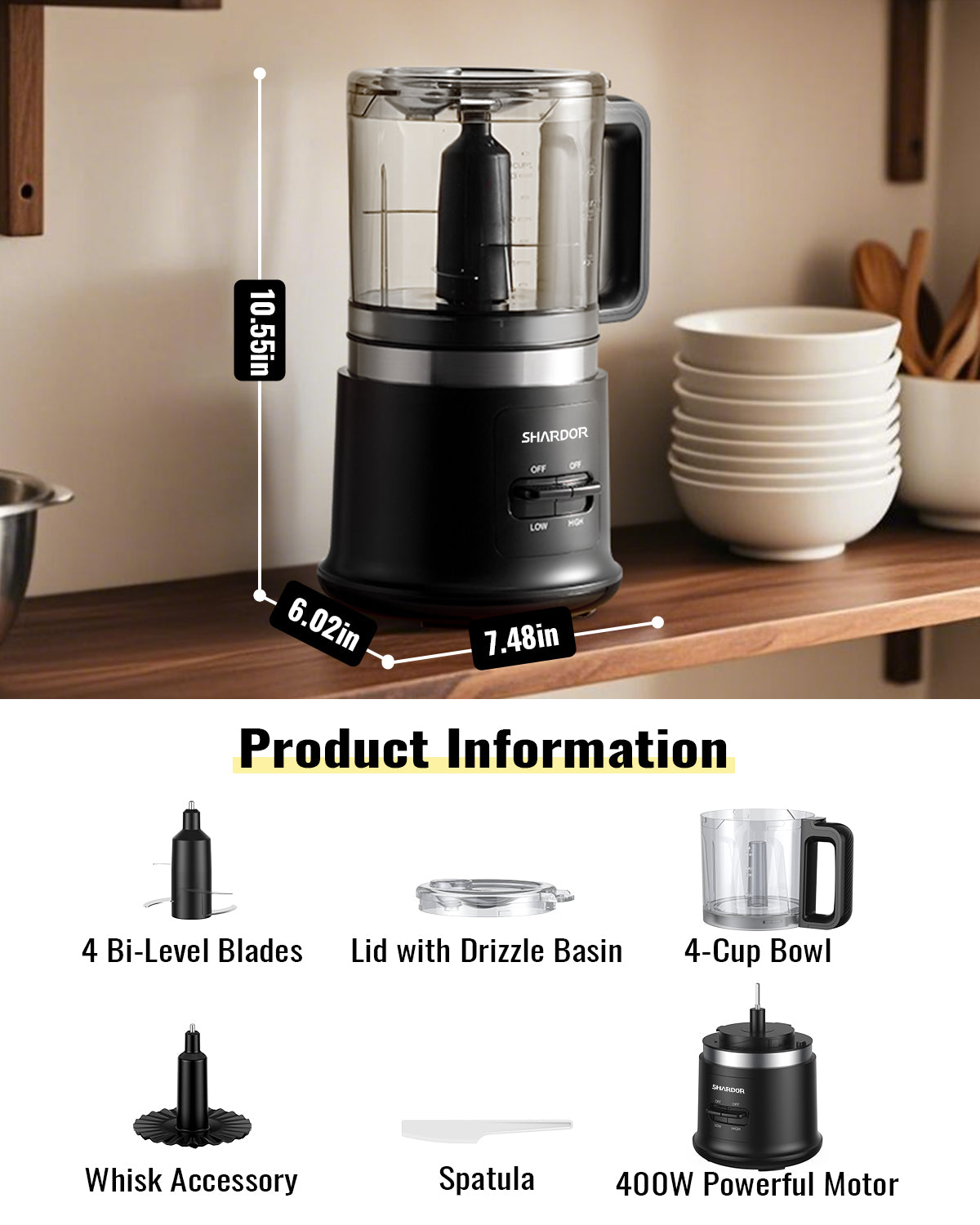SHARDOR 400W Compact Electric Food Chopper & Processor with Whisk Disc