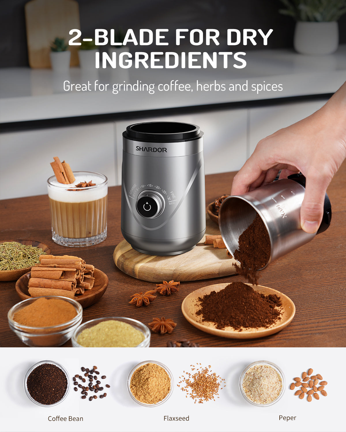 SHARDOR® Coffee Blade Grinder with Manual adjustment knob Silver 2 Cup