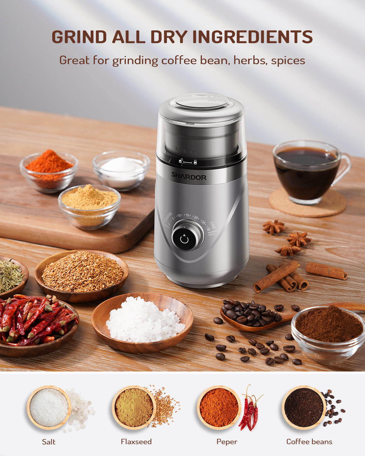 SHARDOR® Coffee Blade Grinder with Manual adjustment knob Silver