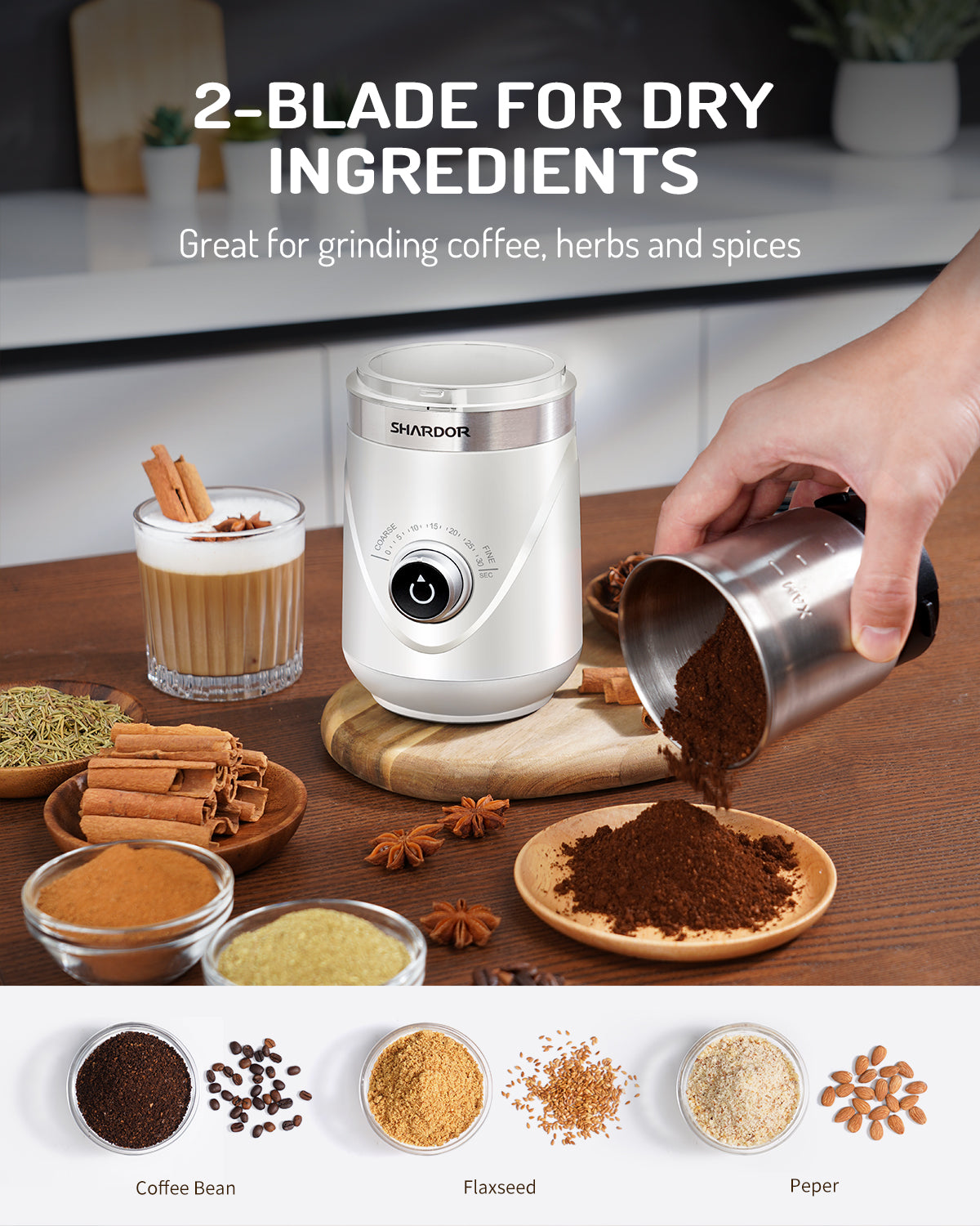 SHARDOR® Coffee Blade Grinder with Manual adjustment knob White 2 cup