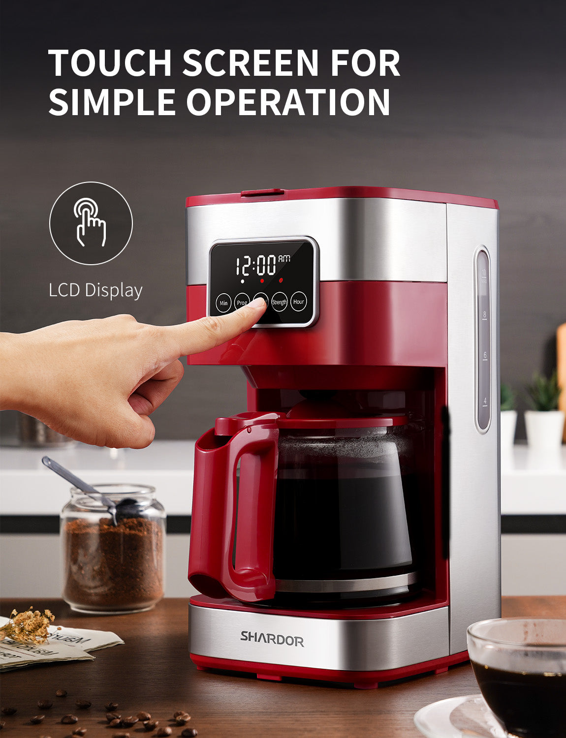 SHARDOR® Drip Coffee Machine with Timer, Red & Glass Pot