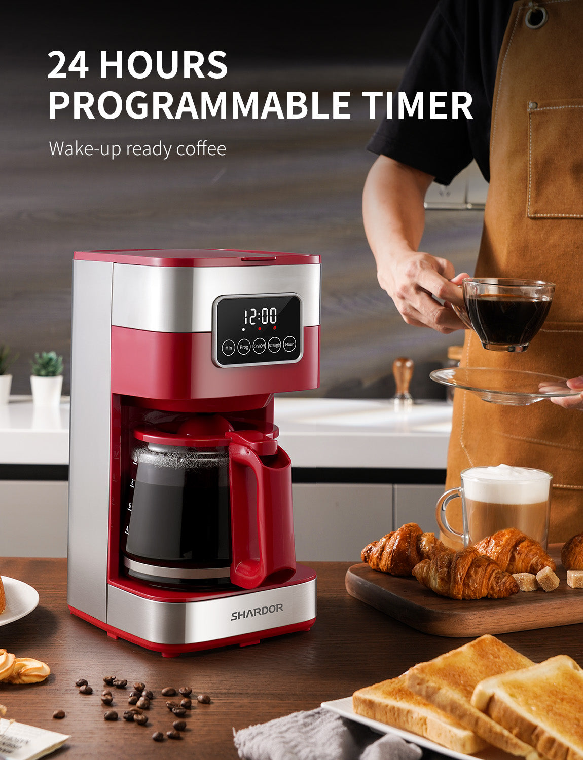 SHARDOR® Drip Coffee Machine with Timer, Red & Glass Pot