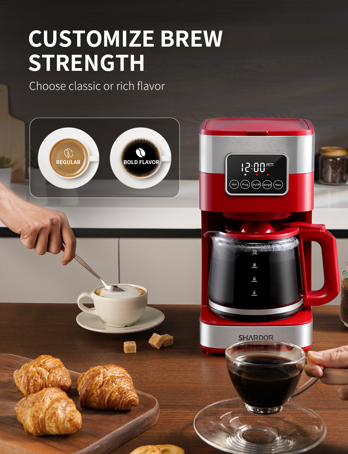 SHARDOR® Drip Coffee Machine with Timer, Red & Glass Pot