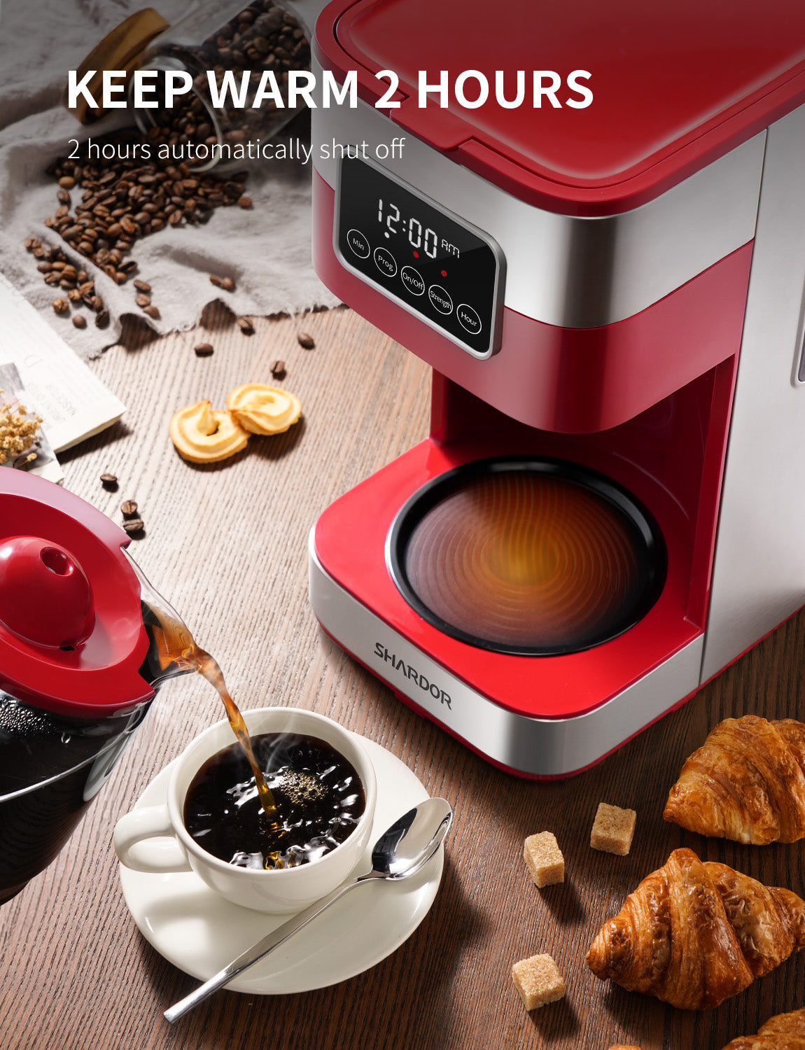 SHARDOR® Drip Coffee Machine with Timer, Red & Glass Pot