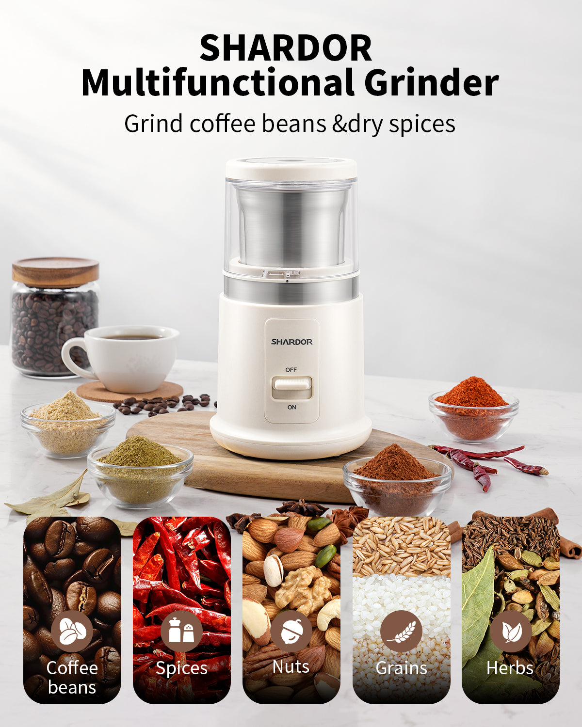 SHARDOR® Coffee Blade Grinder with Finger press White