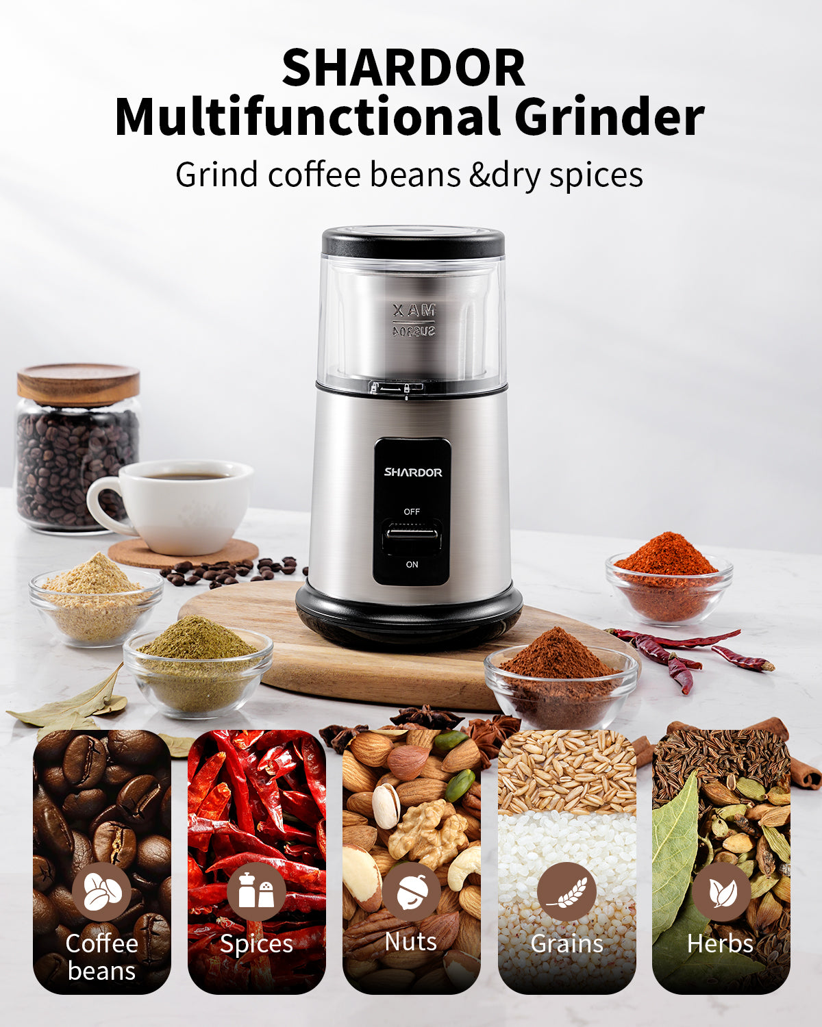 SHARDOR® Coffee Blade Grinder with Finger press Silver