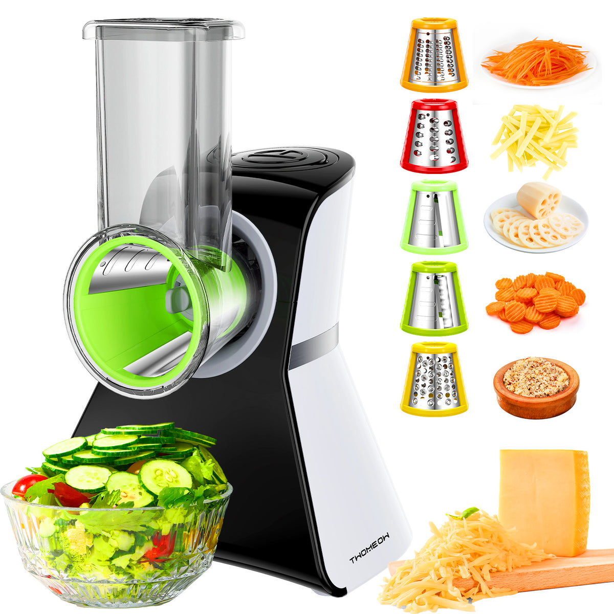 TWOMEOW 5-in-1 Multi-Functional Electric Cheese Grater & Salad Maker with Stainless Steel Blades