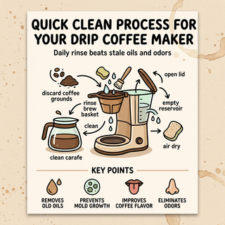 Quick clean process infographic for drip coffee maker with daily rinse steps and key benefits