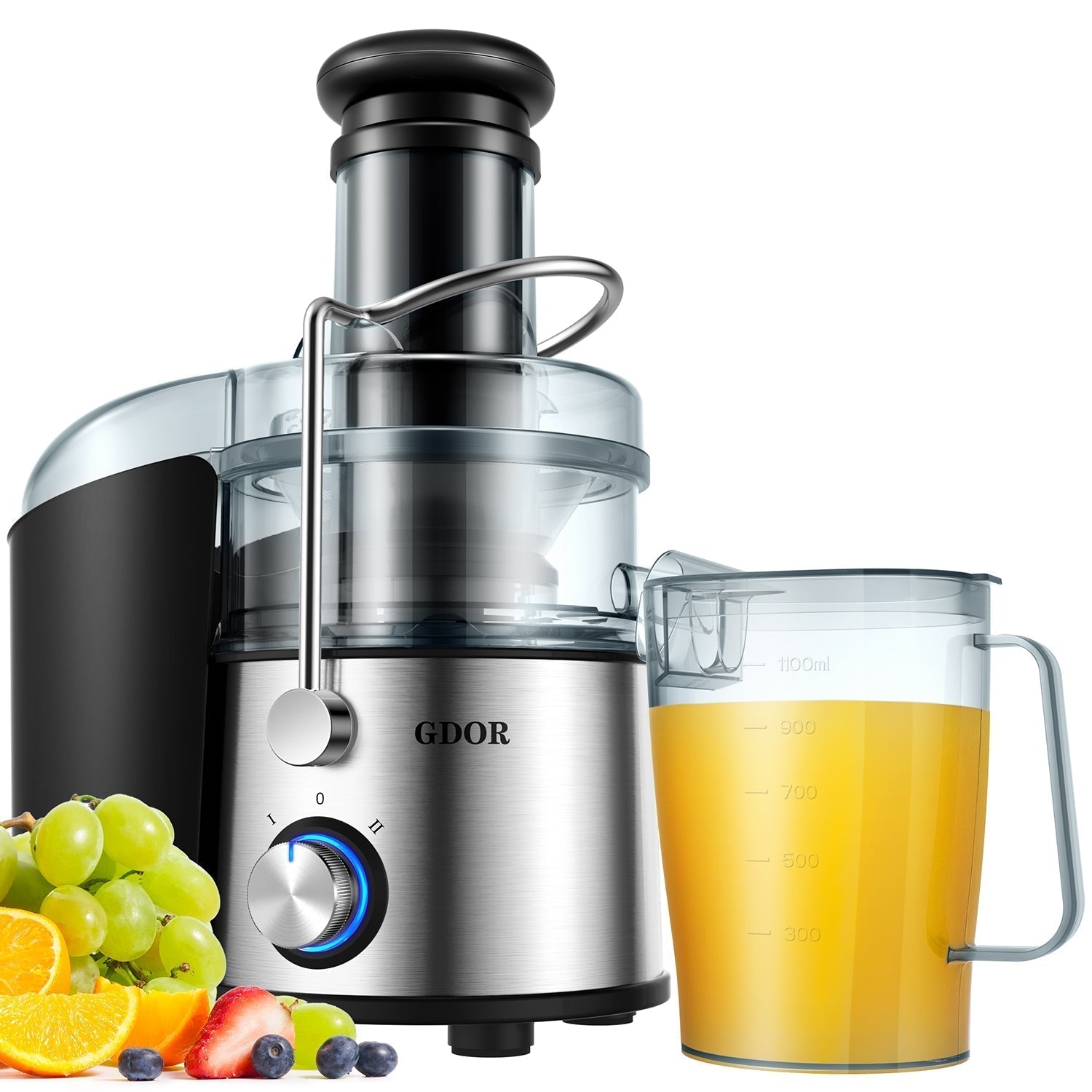 GDOR electric juicer with stainless steel design, making fresh fruit juice effortlessly—perfect for healthy living.  