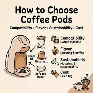 Coffee pod selection guide infographic showing compatibility, flavor, sustainability, and cost