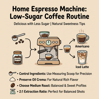 Home espresso machine low-sugar coffee routine infographic with Americano and iced latte tips