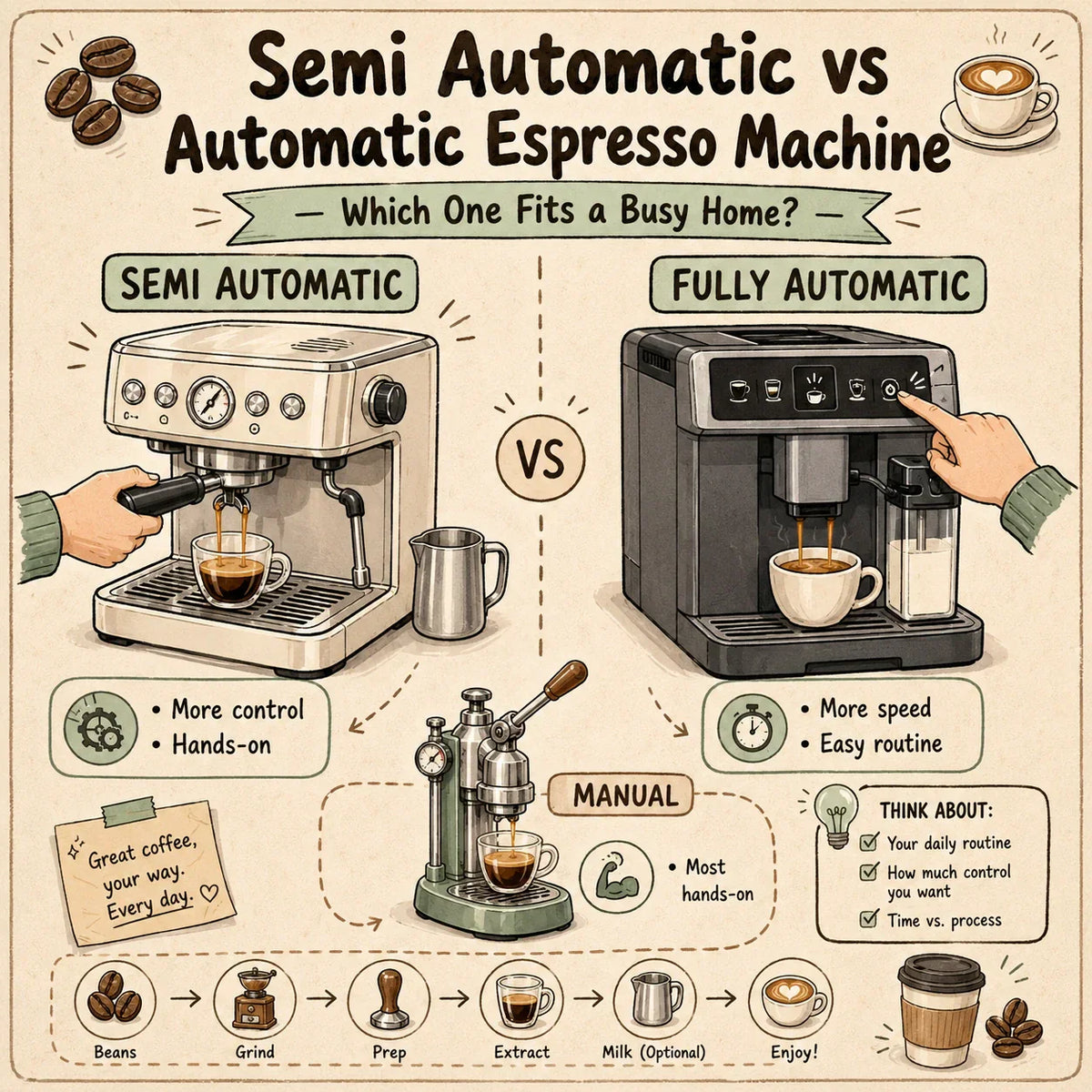 Automatic Espresso Machine: Which One Fits a Busy Home?” 上方或网站后台的 Featured Image 位置 Semi automatic vs automatic espresso machine comparison