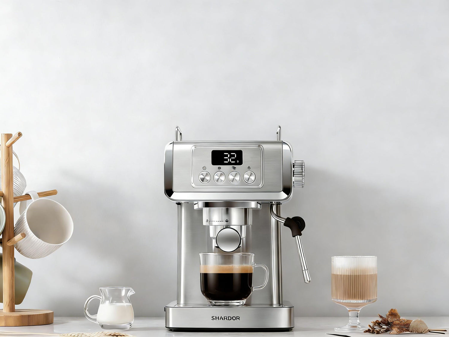 Stainless steel espresso machine with steam wand and espresso shot on counter