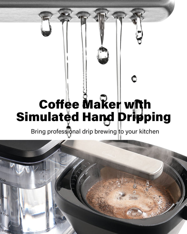 Drip coffee maker with simulated hand dripping water evenly onto the coffee bed for balanced flow