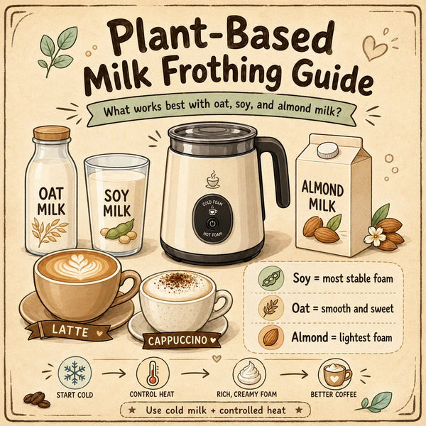 Plant-based milk frothing guide with oat, soy, and almond milk
