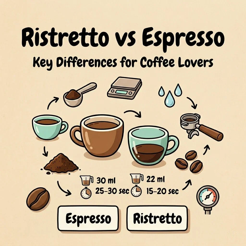 Ristretto vs espresso comparison infographic with coffee cups