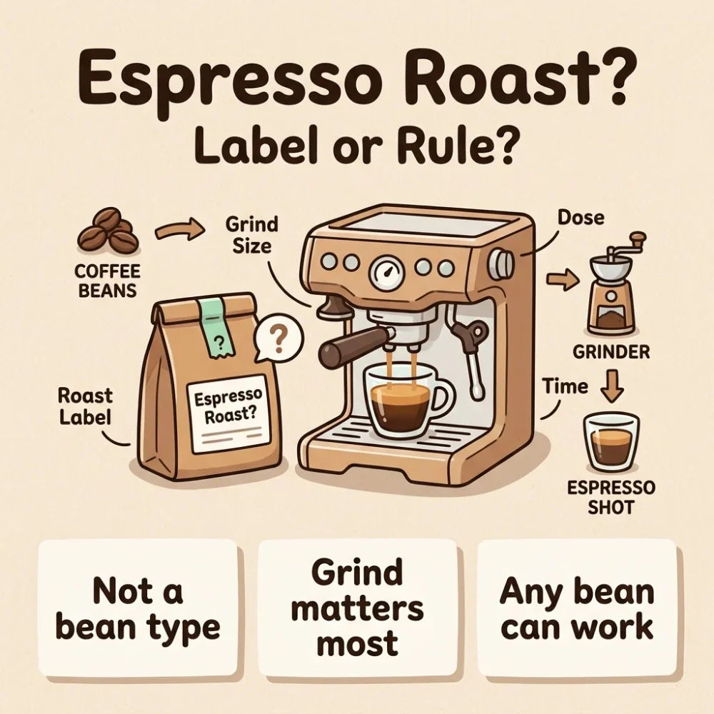 Hand-drawn espresso roast guide showing coffee beans, grinder, and espresso shot