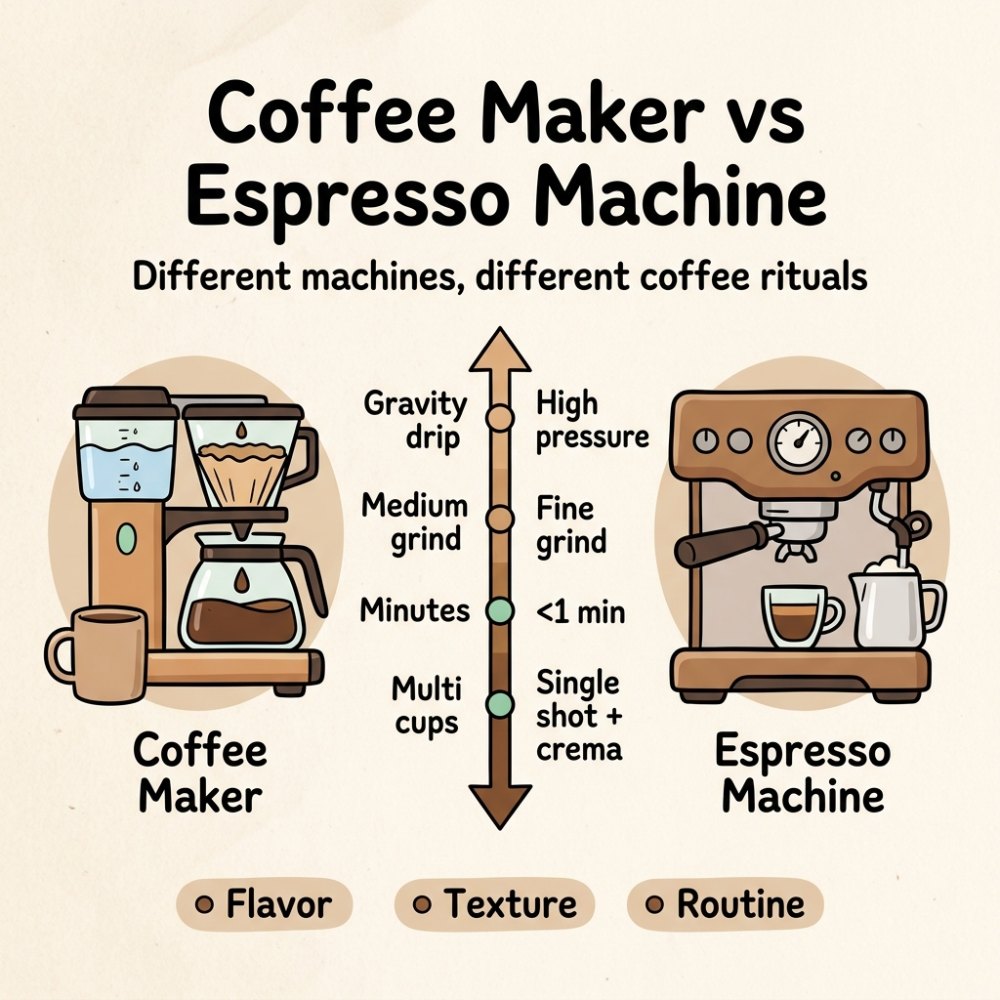 Coffee maker vs espresso machine infographic cover with drip and pressure brewing
